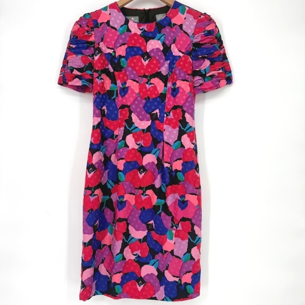 VTG 90s 100% Silk Floral Polka Dot Ruched Dress Petite 2 Dopamine Maximalist